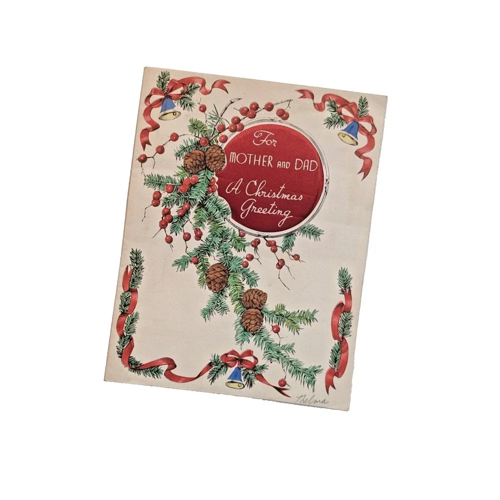Vintage 1930's Christmas Card To Mother & Dad Rust Craft Boston 3-D Satin Fabric